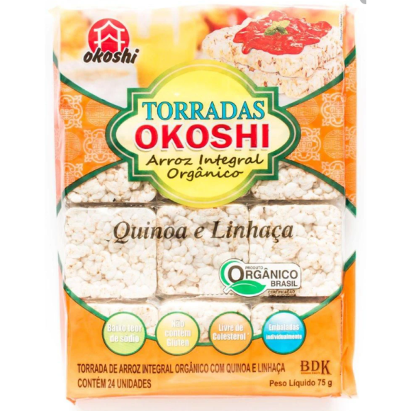 TORRADAS DE ARROZ INTEGRAL ORGÂNICO C/ QUINOA E LINHAÇA OKOSHI 75G